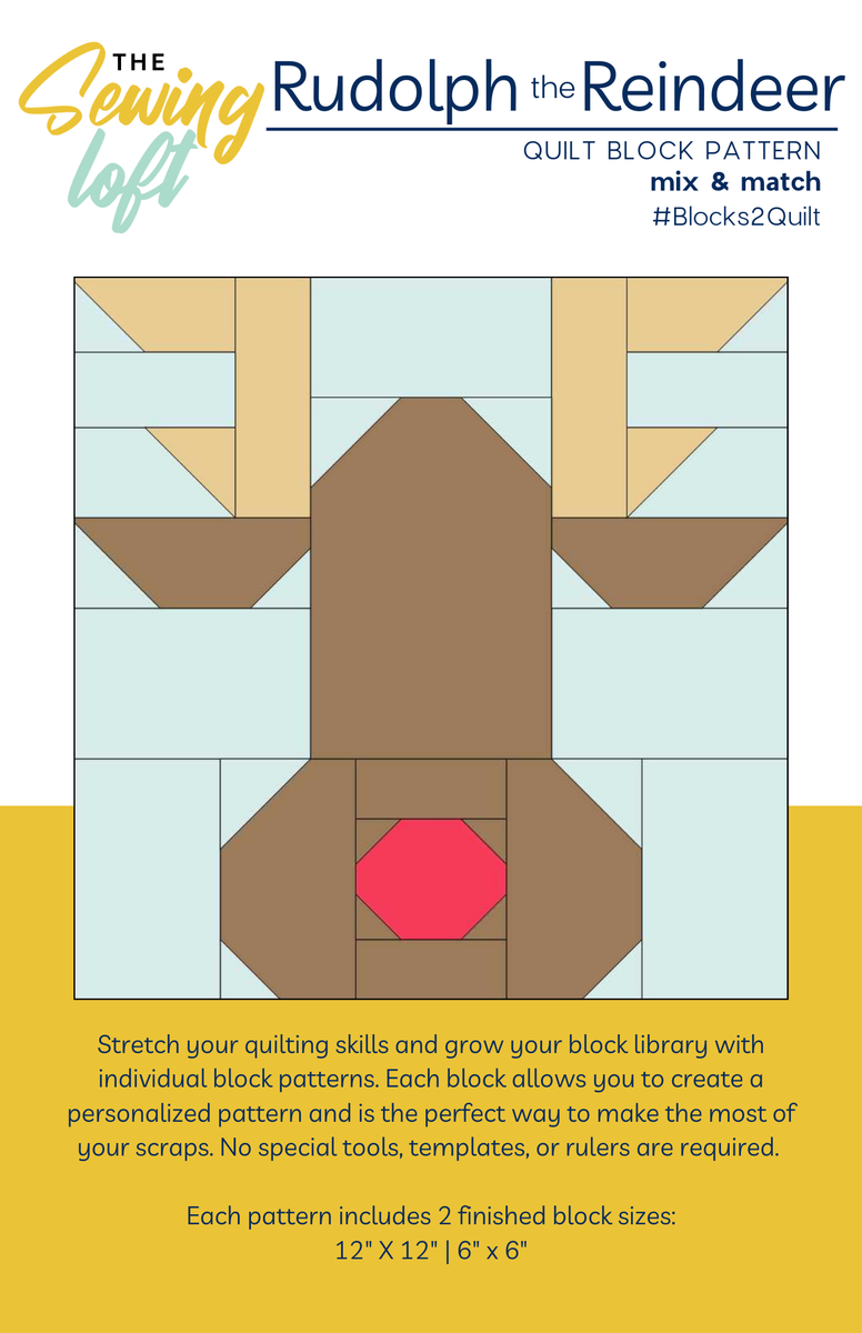 Rudolph the Reindeer Quilt Block Printed Pattern TheSewingLoft