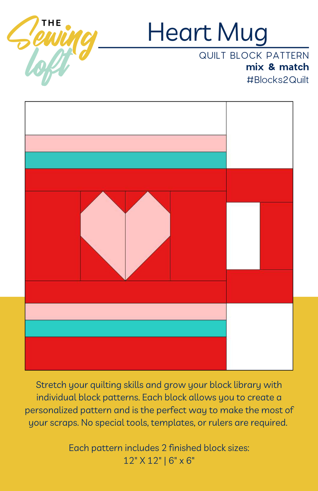 Heart Mug Quilt Block Printed Pattern