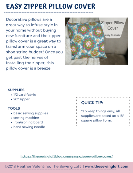 Easy Zipper Pillow Cover-Tutorial PDF